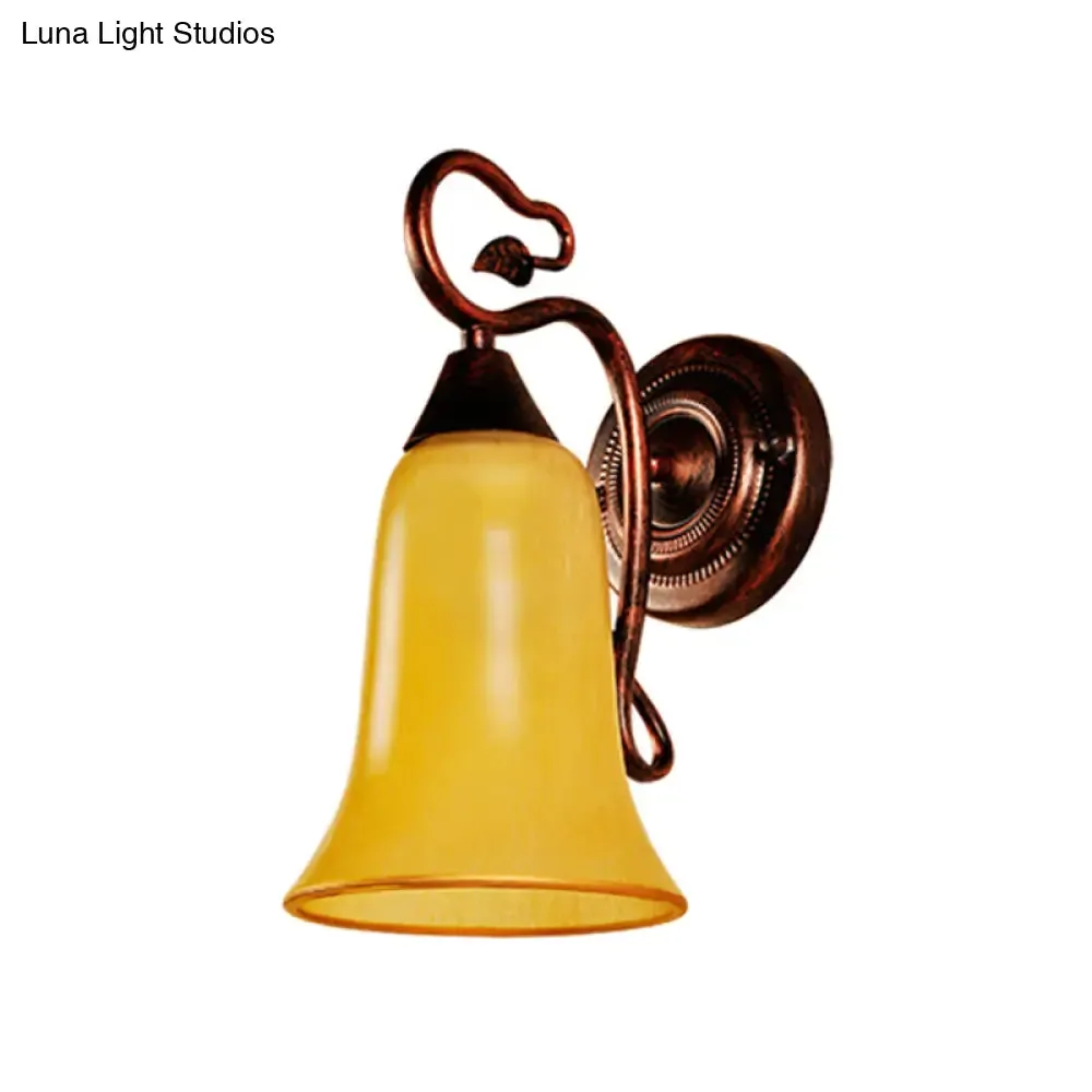 Yellow Glass and Metal Wall Light - 1 Light Traditional Style Lamp with Bell Shade, Copper Finish