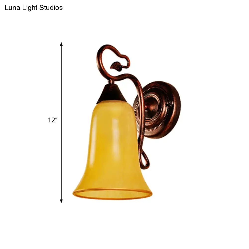 Yellow Glass and Metal Wall Light - 1 Light Traditional Style Lamp with Bell Shade, Copper Finish