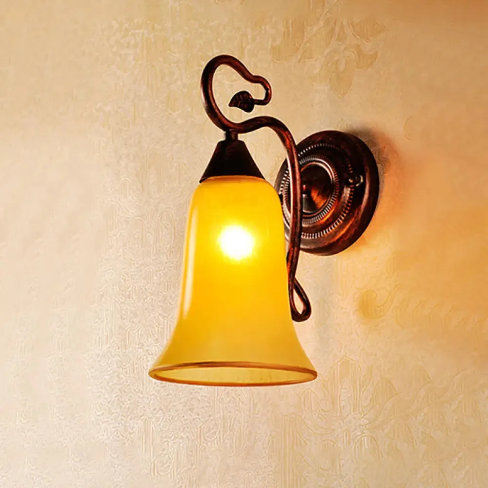 Yellow Glass and Metal Wall Light - 1 Light Traditional Style Lamp with Bell Shade, Copper Finish