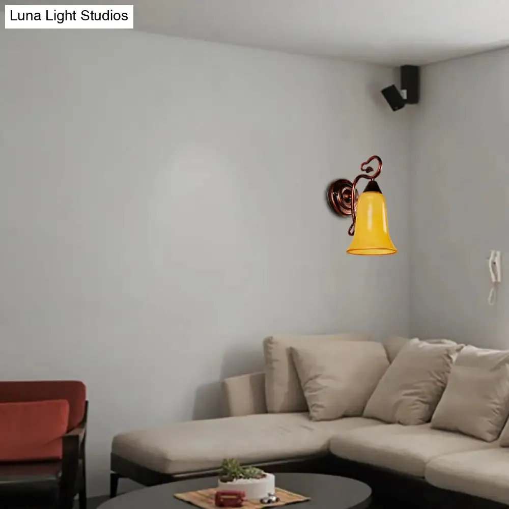 Yellow Glass and Metal Wall Light - 1 Light Traditional Style Lamp with Bell Shade, Copper Finish