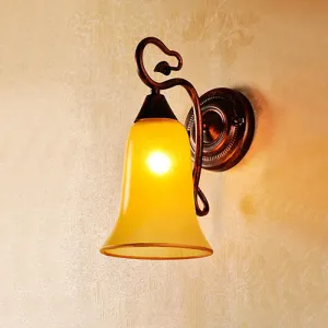 Yellow Glass and Metal Wall Light - 1 Light Traditional Style Lamp with Bell Shade, Copper Finish